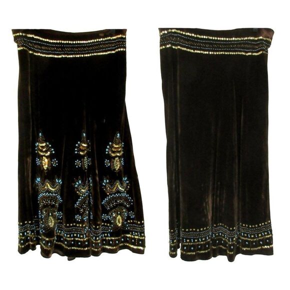 Carole Little Brown Velvet Long Gypsy Skirt Hand-Beaded Sequins Hippie Sz 8 NEW - Picture 1 of 9